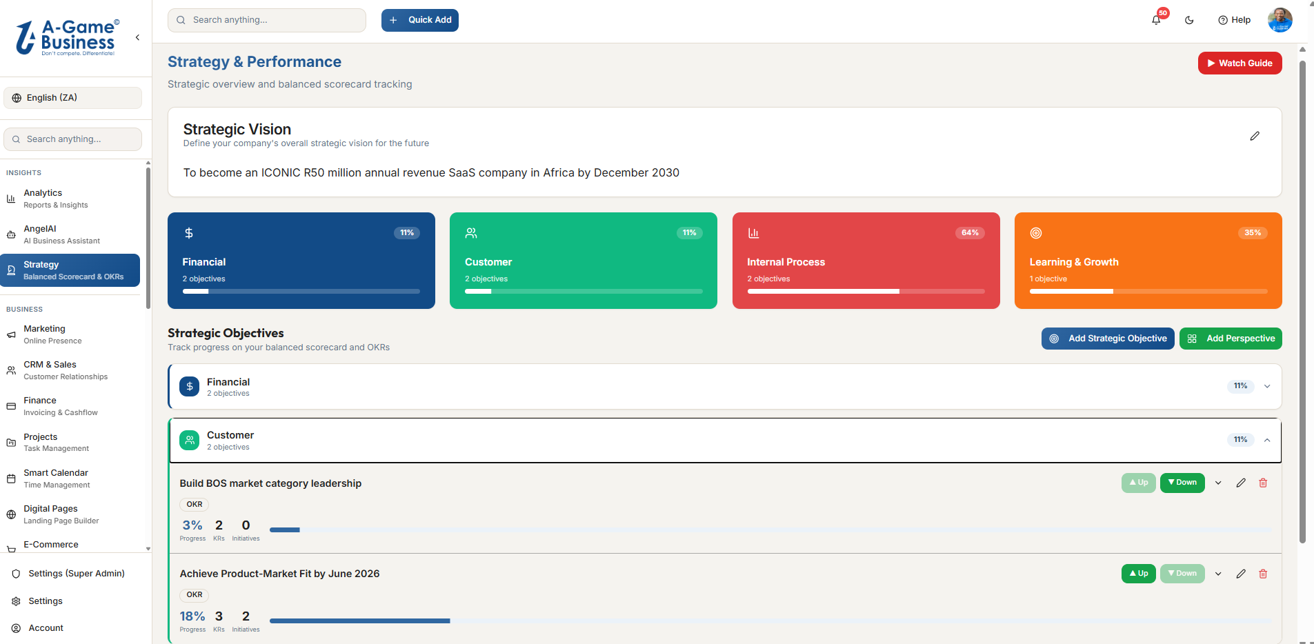 A-Game Business Strategy & Performance dashboard showing strategic vision, balanced scorecard perspectives and OKRs