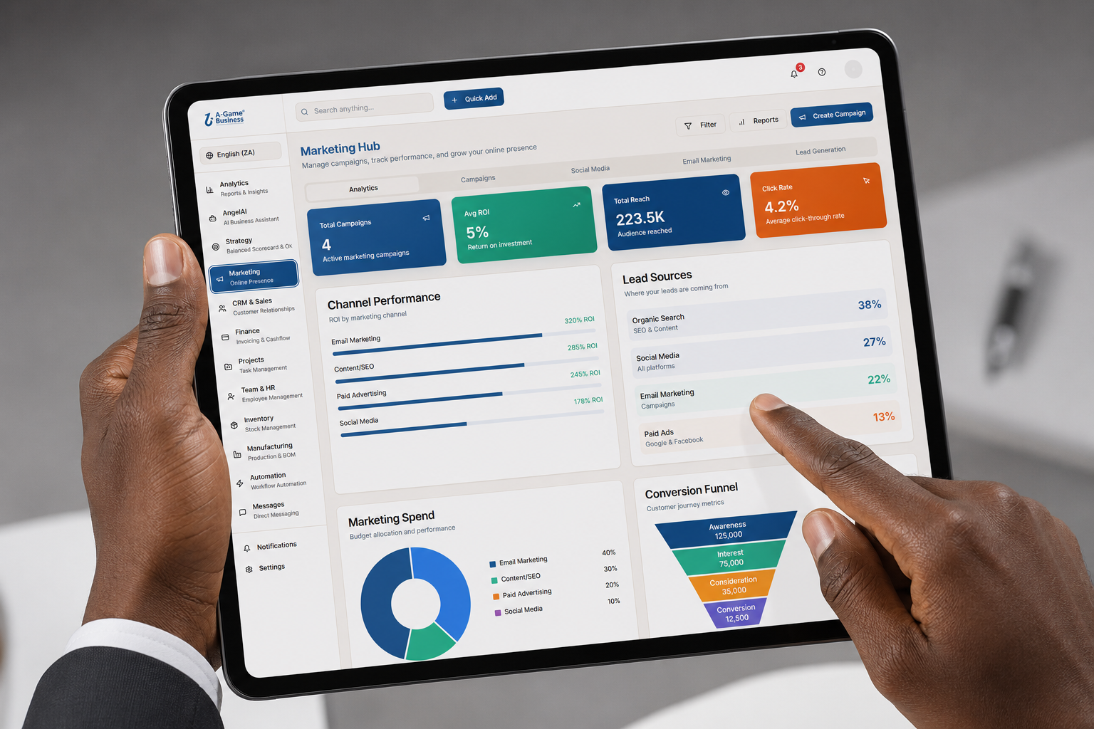 A-Game Business Marketing Hub dashboard on a tablet showing campaign performance, lead sources and conversion funnel