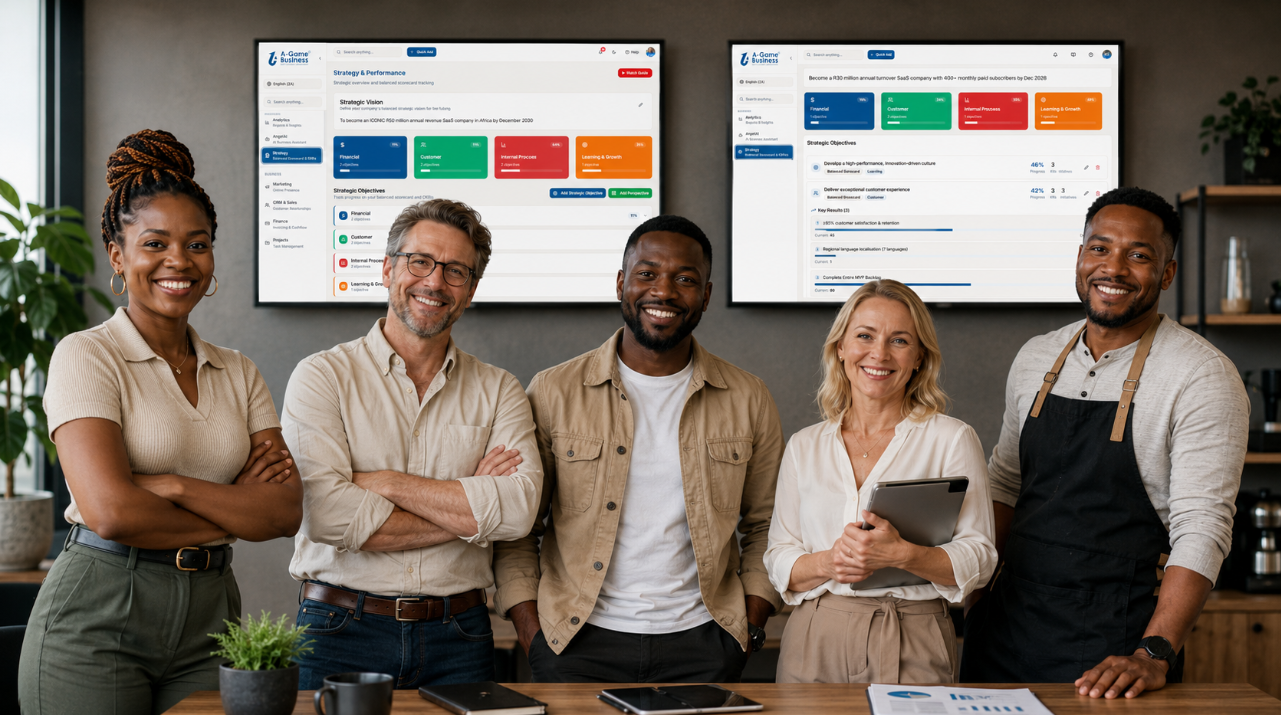 Diverse business team using the A-Game Business Operating System dashboards
