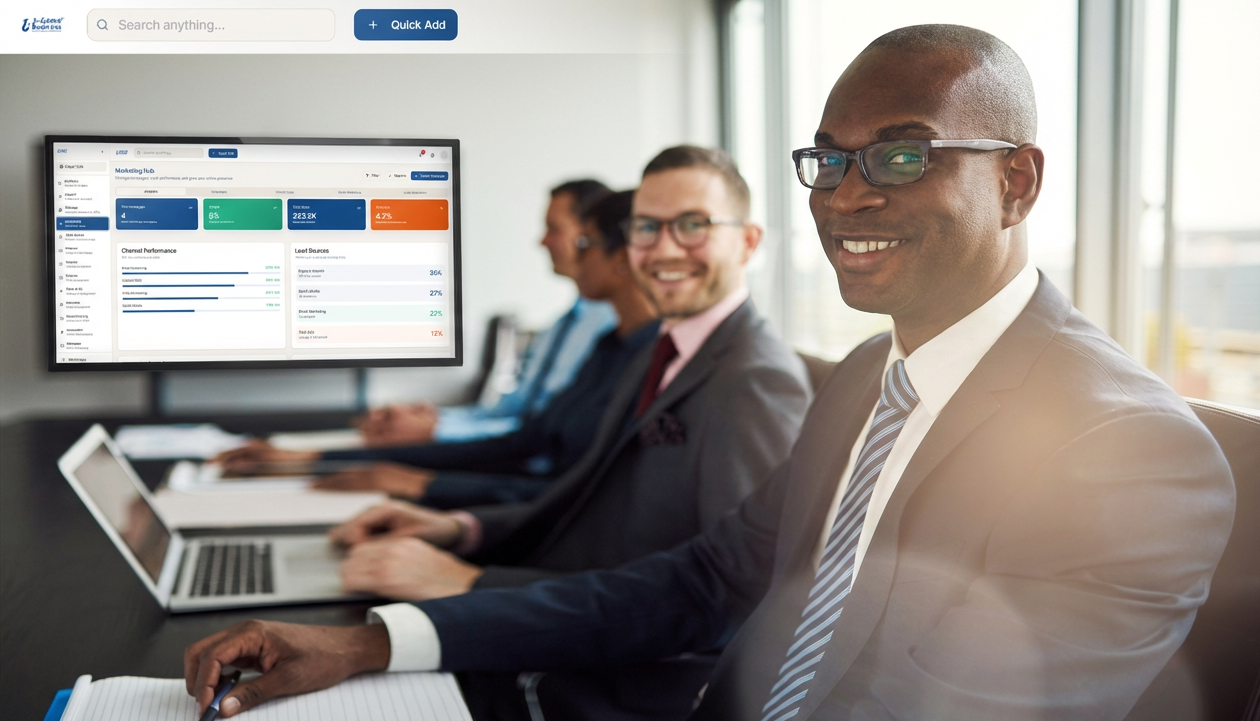 A-Game Business client team reviewing the Marketing Hub dashboard with campaign performance and lead source analytics
