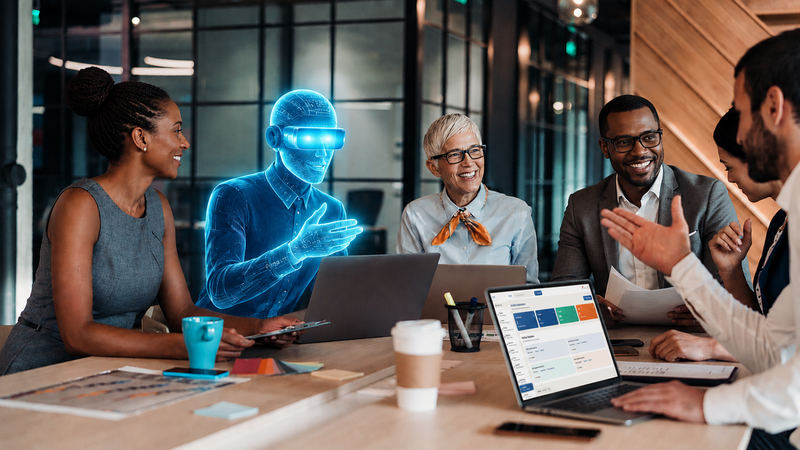 Business team meeting with AngelAI AI advisor